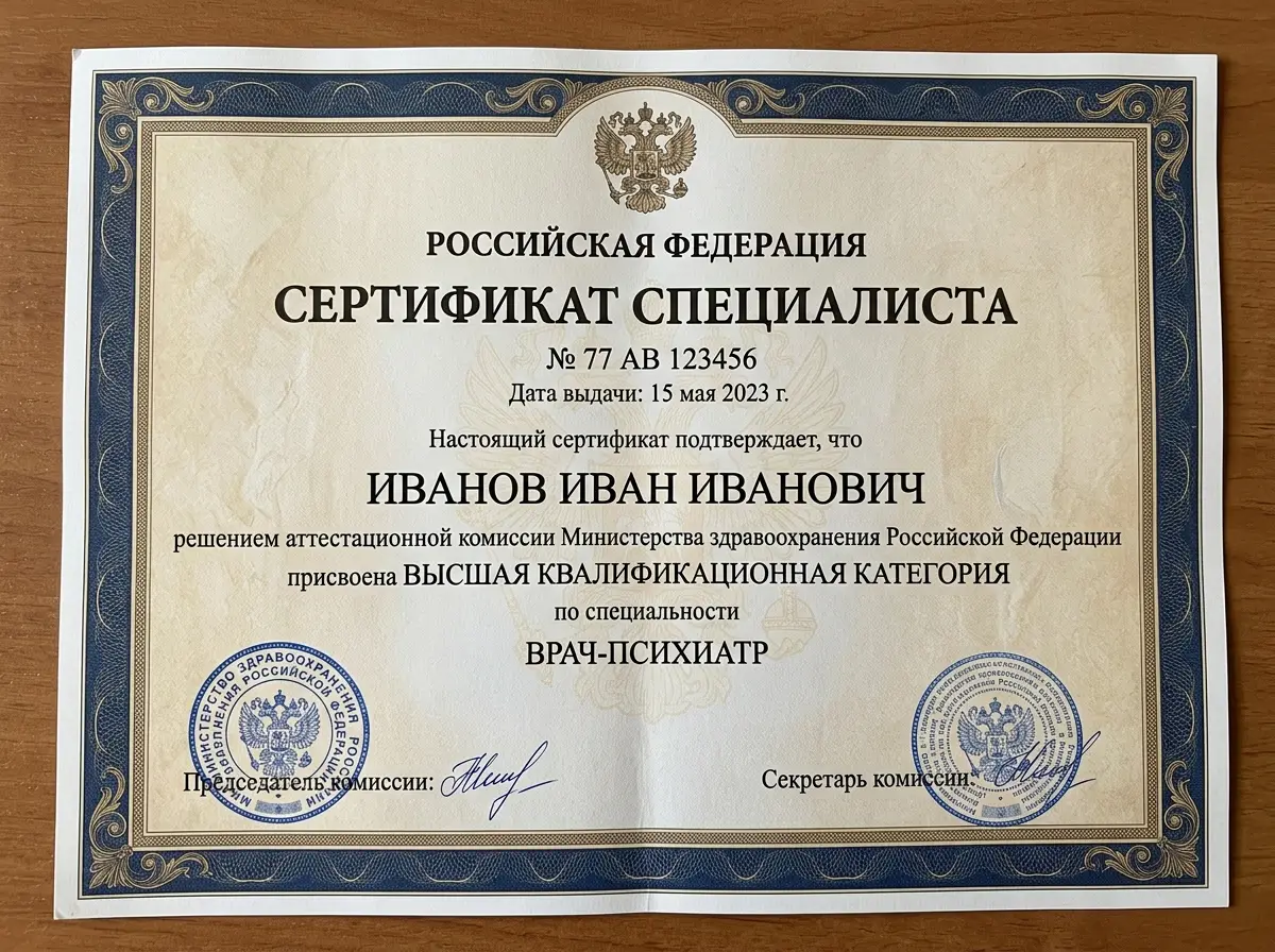 Сертификат специалиста врача-психиатра высшей категории, документ на бежевом фоне, синяя рамка, официальные печати