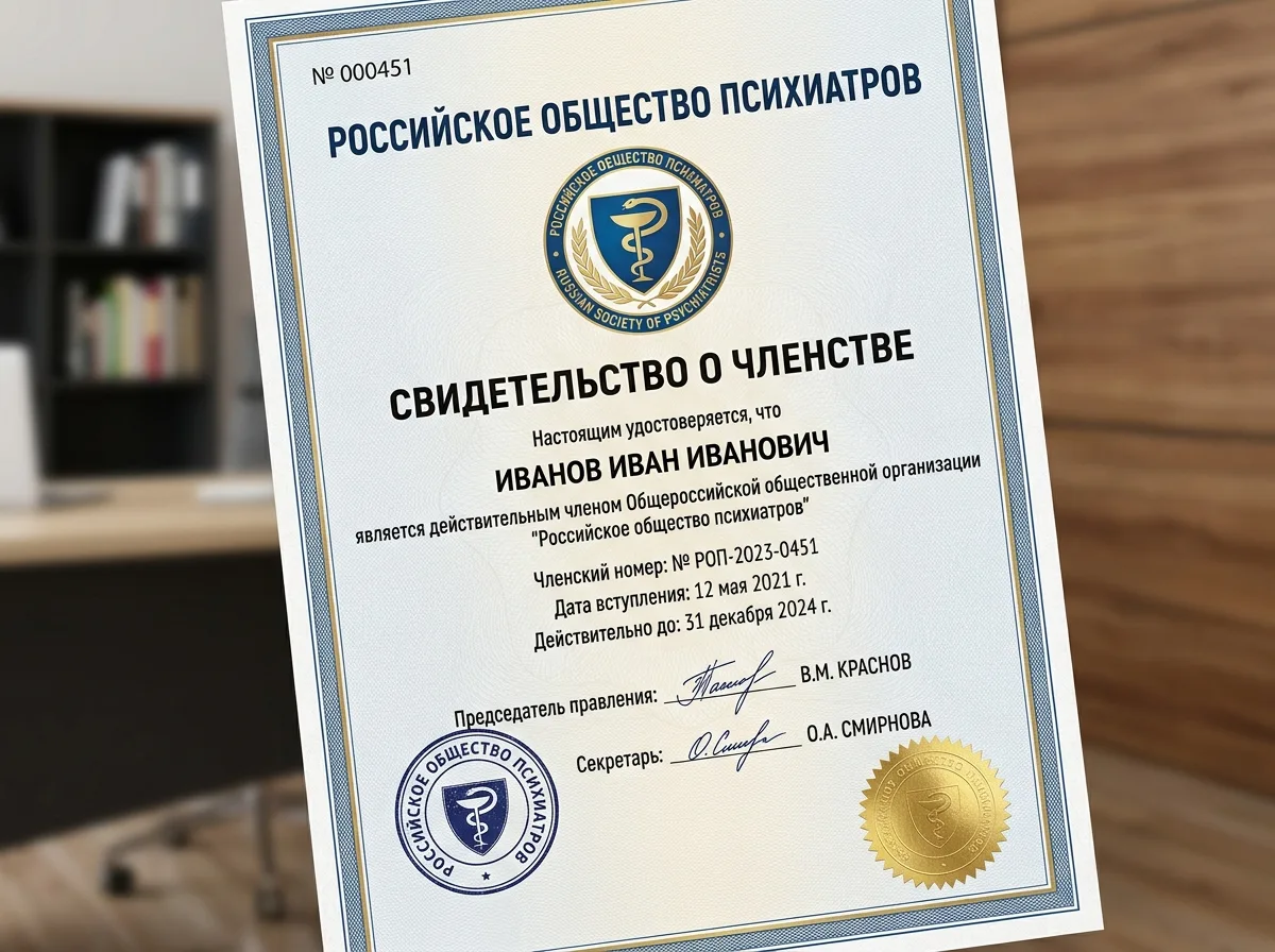 Свидетельство о членстве в Российском обществе психиатров, официальный документ с логотипом организации