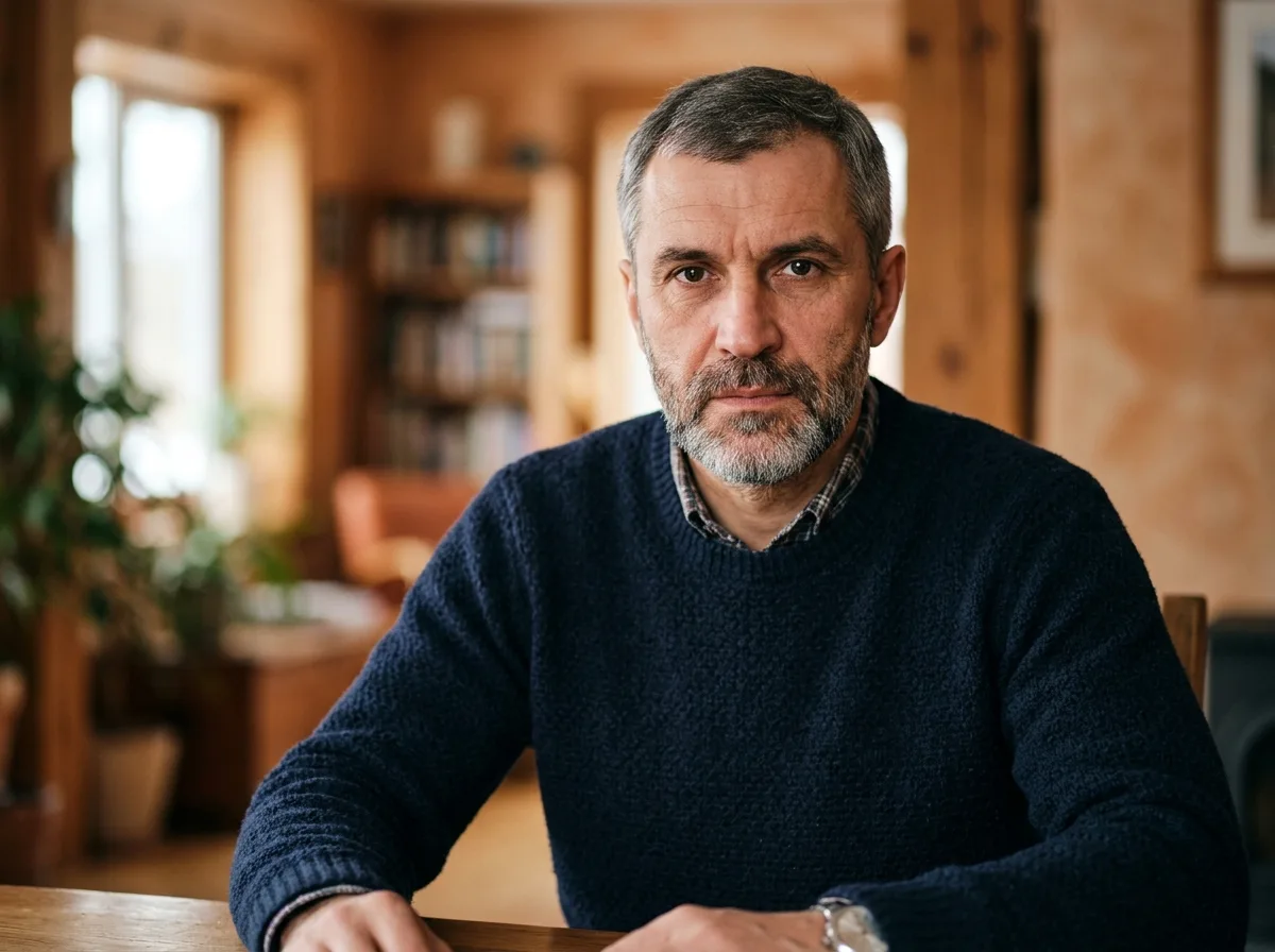 Портрет мужчины по имени Сергей — среднего возраста, серьёзный вид, нейтральный тёплый фон, фото для отзыва