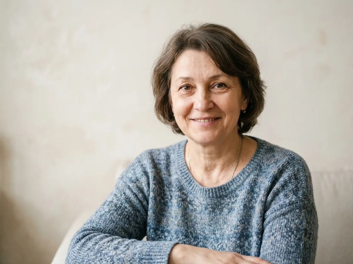 Портрет женщины по имени Елена — тёплый и усталый взгляд, средний возраст, фото для раздела отзывов на нейтральном светлом фоне