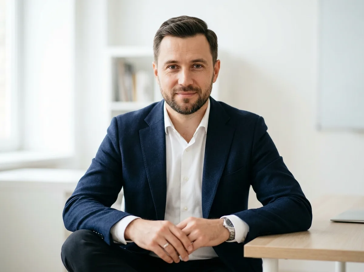 Портрет мужчины по имени Михаил — деловой вид, 35–40 лет, сдержанное выражение лица, фото для отзыва на светлом фоне